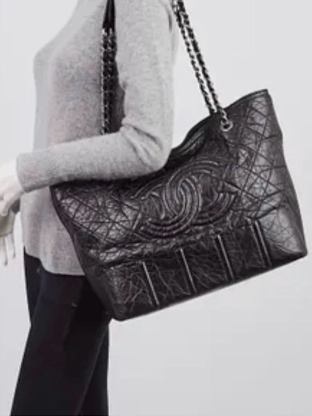 CHANEL Black Quilted Oversized Tote with Chain-Strap Handles